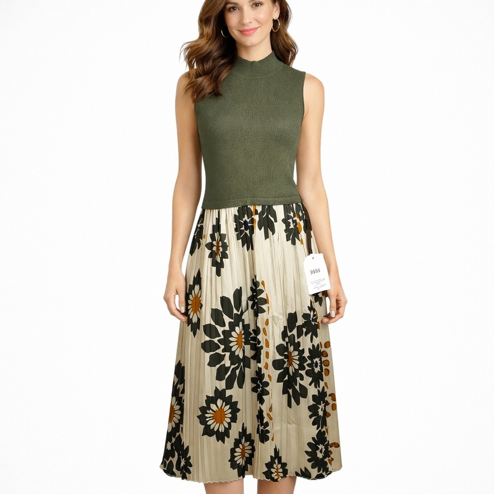 Skies Are Blue Marcia Maxi Dress Womens L Olive Green Knit Pleated Floral Boho